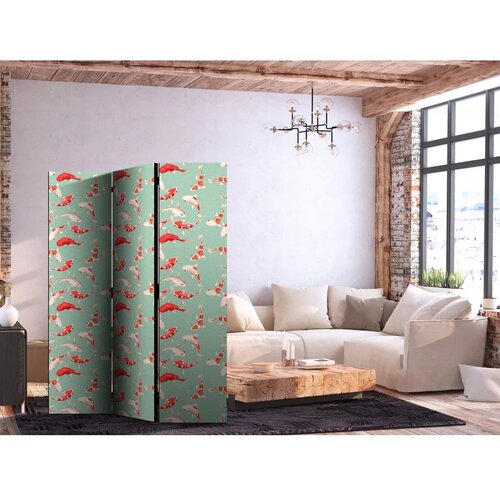  Paravan - Fish and Japanese Pattern - Koi Fish in Orange-Cream Colors on a Green-Mint Background with an Oriental Pattern 135x17 Cene