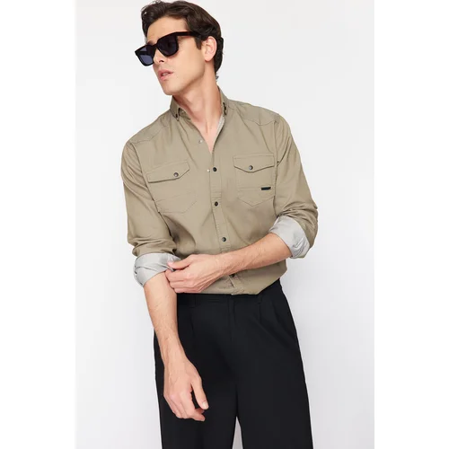 Trendyol Khaki Regular Fit Denim Jeans Shirt with Snap Fasteners