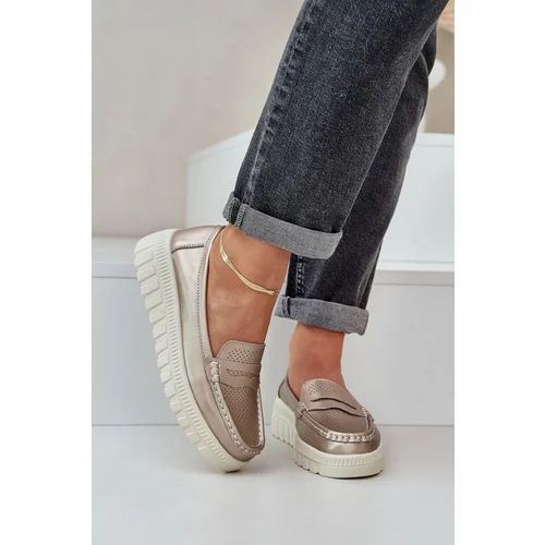 PE1 Womens Leather Moccasins On Platform And Wedge Rose Gold Elanindel