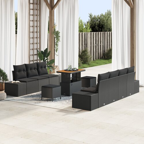 vidaXL 10-dijelni vrtni set sofe s jastucima Crni Poli Ratan Akacija, 2-sjedalna vrtna sofa sa spremnikom i jastucima Crna Poli Ratan, 3-dijelni vrtni set za objedovanje s jastucima Crni Poli Ratan Akacija Cijene