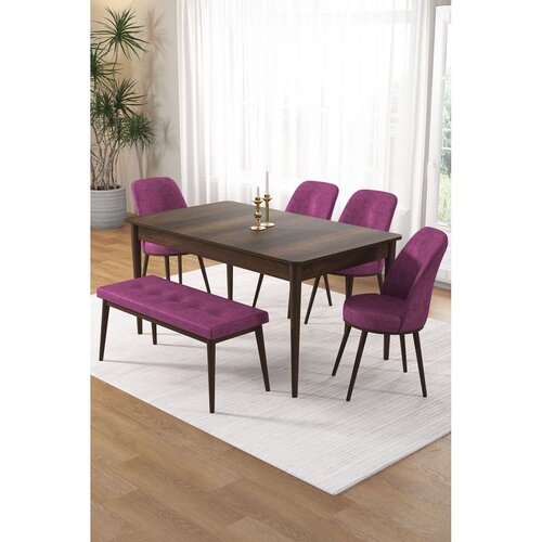 Hanah home trpezarijski set Pir, sto, 4 stolice i klupa, ploča u dekoru drveta Baroque, ljubičasta tkanina Babyface Cene
