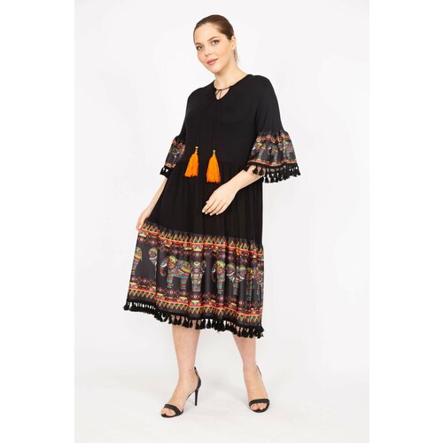 Şans Women's Black Plus Size Sleeve and Skirt Patterned Tassel Detailed Dress Cene