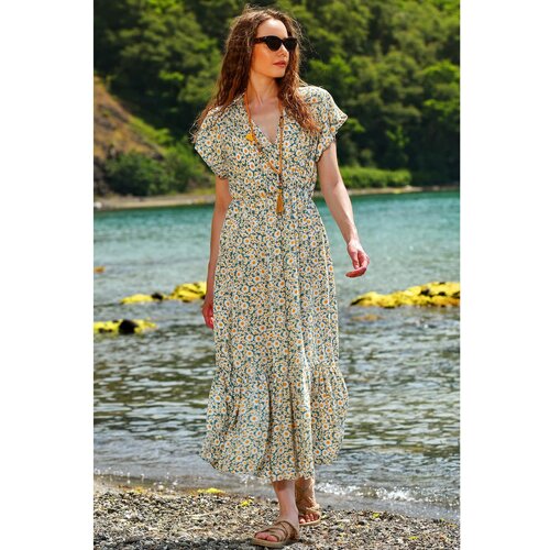 Trend Alaçatı Stili Women's Mint Floral Patterned Double Breasted Maxi Length Dress Slike