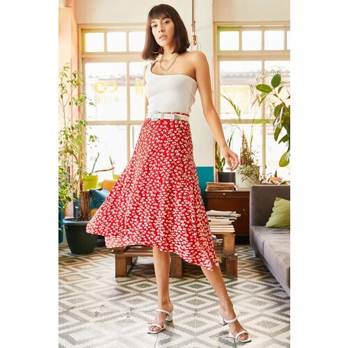 Olalook Women's Red Buds Asymmetrical Patterned Skirt Slike