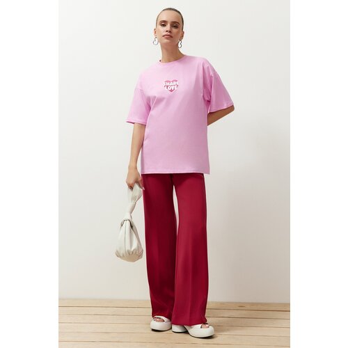 Trendyol Pink 100% Cotton Back and Front Heart Printed Oversize/Casual Fit Knitted T-Shirt Cene