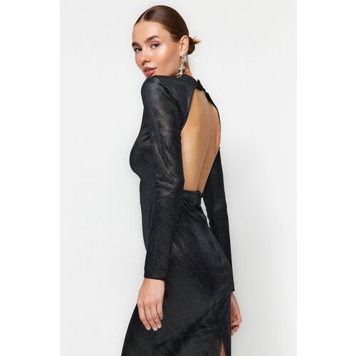 Trendyol Black Fitted Velvet Evening Dress Slike