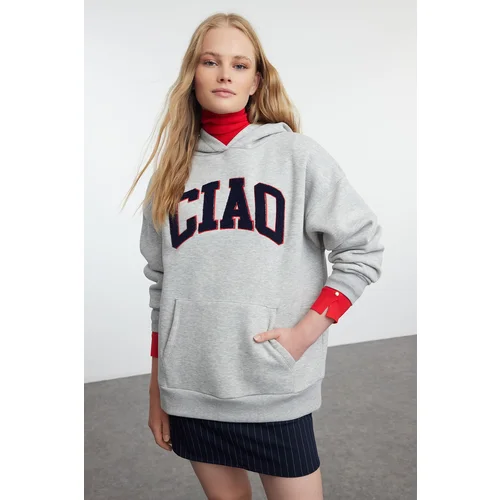 Trendyol Grey Melange Thick Polar Fleece Slogan Hooded Oversize/Wide Cut Knitted Sweatshirt