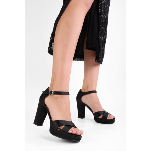 Shoeberry Women's Giselle Black Satin Platform Heeled Shoes Cene