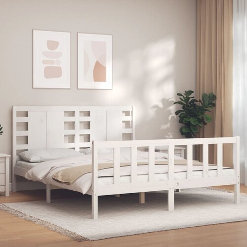 The Living Store Posteljni okvir z vzglavjem bel trden les - Posteljni Okvir, (21523385) Slike
