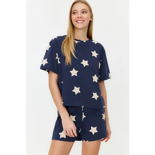 Trendyol Navy Blue 100% Cotton Star Printed T-shirt-Shorts Knitted Pajama Set