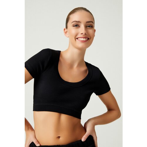 LOS OJOS x Melody Black Cotton Ribbed Crop T-Shirt Slike
