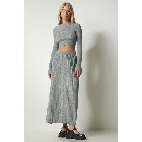 Happiness İstanbul Women's Gray Ribbed Knitwear Crop Skirt Suit Slike