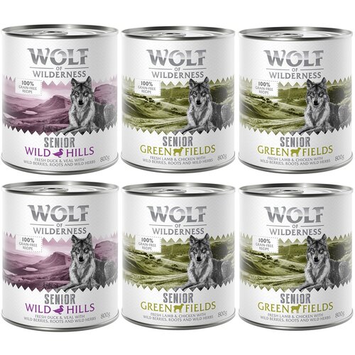 Wolf of Wilderness - mje&amp;scaron;ovito pakiranje - 6 x 800 g Senior miks: 4x janjetina i piletina, 2x pačetina i teletina Slike