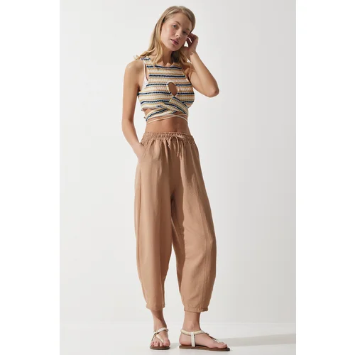  Women's Dark Beige Pocket Linen Viscose Baggy Trousers