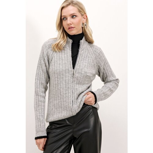 Bigdart 15863 Zippered Knitwear Cardigan - Gray Cene