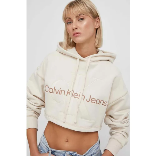 Calvin Klein Jeans Bombažen pulover ženska, bež barva, s kapuco