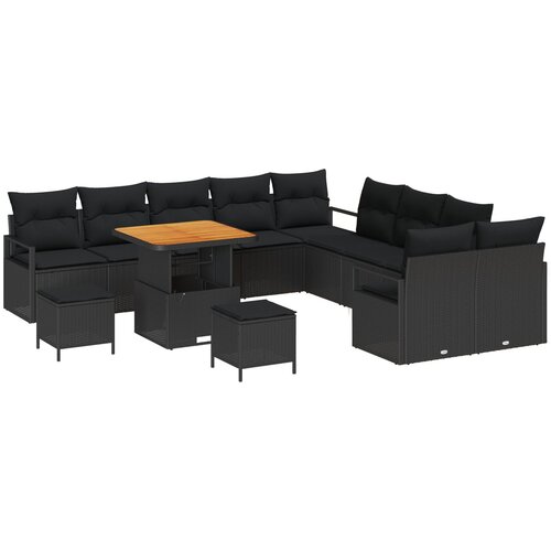 vidaXL 13 komadni vrtni sofa set s jastučićima Crni Poli Ratan Akacija, 2-sjedni vrtni kauč s jastučićima Crni Poli Ratan, 3 komadni vrtni set za objedovanje s jastučićima Crni Poli Ratan Akacija Cijene