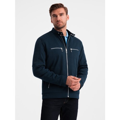 Ombre Men&amp;#039;s biker jacket with collar and pockets - navy blue Slike