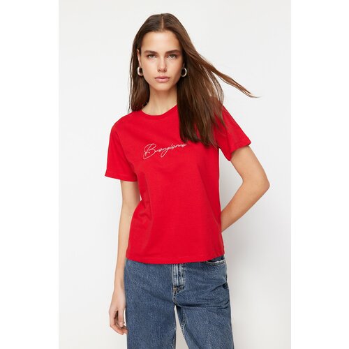 Trendyol Red 100% Cotton Motto Embroidered Regular/Regular Fit Knitted T-Shirt Slike