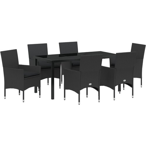VidaXL 7-delna vrtna jedilna garnitura z blazinami črna poli ratan, Vrtna miza črna 160x80x73 cm kaljeno steklo Slike