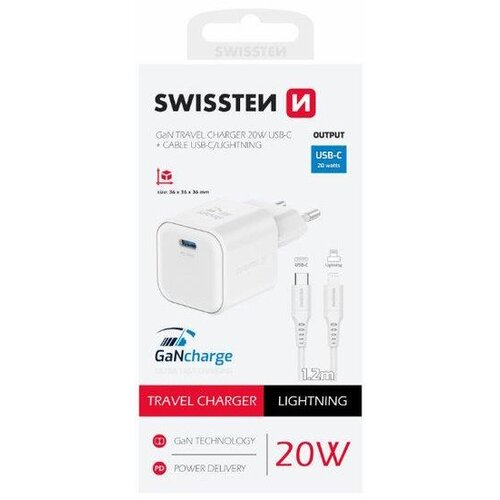 Swissten punjač za AC220, GaN, 20W, 1xUSB-C, 3A, bijeli + Lightning kabel Slike