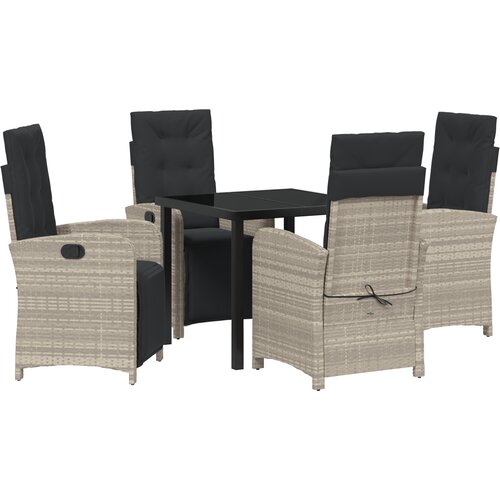 vidaXL 5-delni vrtni jedilni set z blazinami svetlo sive barve iz poliratana, vrtna miza črna 80x80x73 cm kaljeno steklo Cene