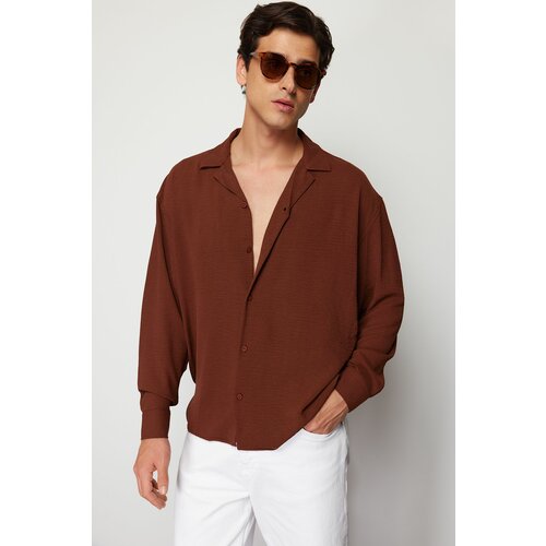 Trendyol Brown Oversize Fit Open Collar Summer Linen Look Shirt Cene