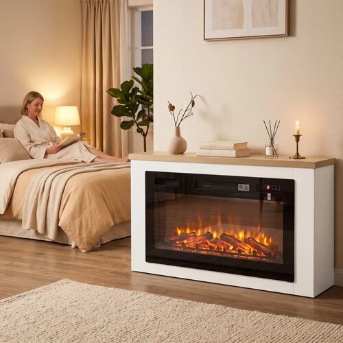  Električni kamin s grijačem 12 boja plamena TV ormarić s kaminom za televizore do 55 inča 114 cm bijela Slike