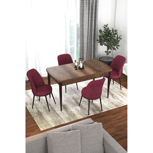 Hanah home trpezarijski set Via, sto na razvlačenje i 4 stolice, ploča u dekoru drveta Baroque, bordo tkanina Jerry Cene