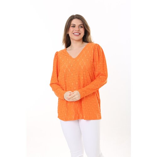 Şans women's plus size orange hole hole fabric shoulder gathered detail v-neck blouse Slike