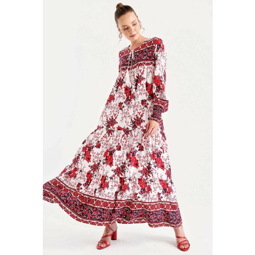 Bigdart Women's Red Sleeve Gathered Robe Floral Pattern Dress Slike