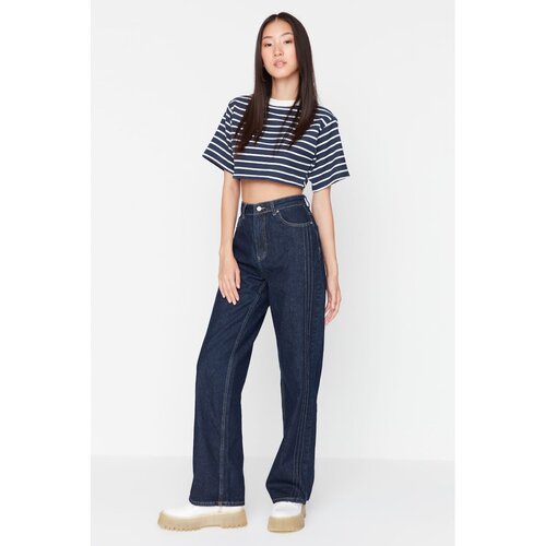 Trendyol Dark Blue Stitch Detail High Waist Wide Leg Jeans Slike