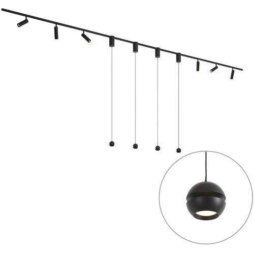 QAZQA Sodobni sistem tirnih svetil črne barve s 6 reflektorji in 4 visečimi svetilkami Easylift 1-fazni - Slimline Uzzy Tira Cene