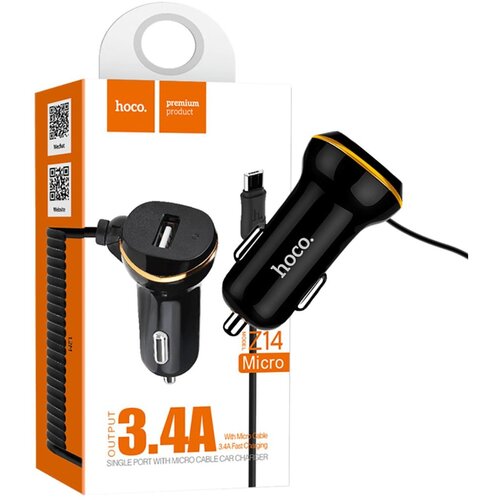 Hoco. Auto punjač sa micro USB kabl, USB, 5 V/3.4 A, crna &amp;ndash; Z14 single, micro USB, BK Slike