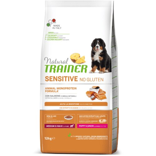Natural trainer medium/maxi, puppy & junior sensitive no gluten losos 3 kg Cene