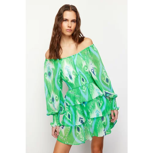 Trendyol Green Carmen Collar Chiffon Woven Mini Dress