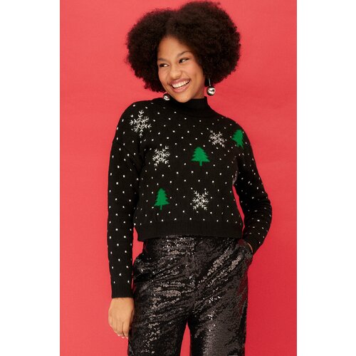 Trendyol Black Christmas Themed Crewneck Knitwear Sweater Slike