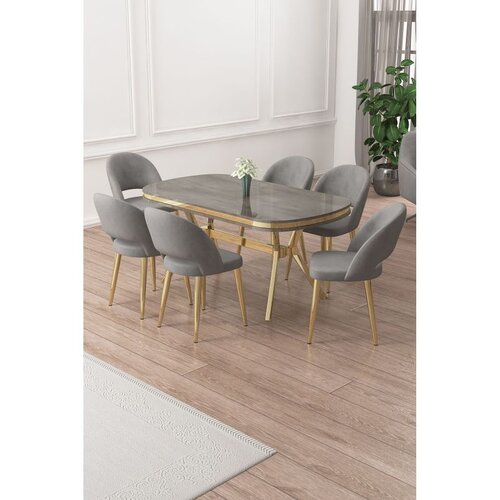Hanah home trpezarijski set Jita, sto i 6 stolica, antracit ploča Irony, zlatne noge, siva tkanina Babyface Cene