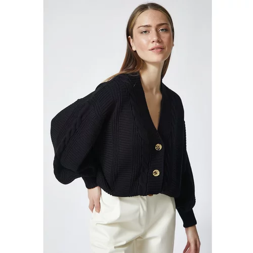 Happiness İstanbul Women's Black Knitted Balloon Sleeve Loose Knitwear Cardigan