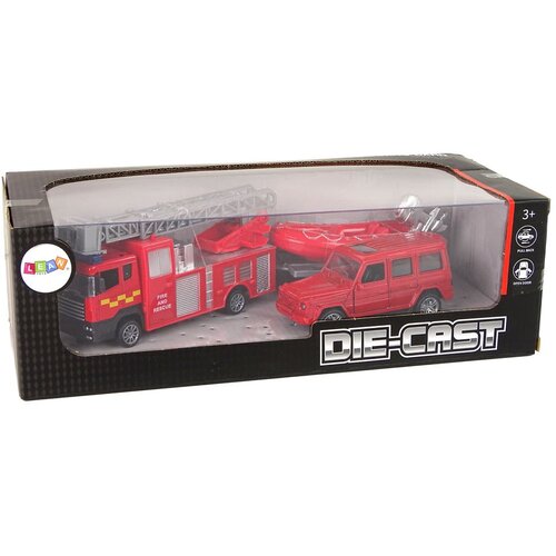  Set vatrogasnih vozila s prikolicom i motornim čamcem crveni Slike