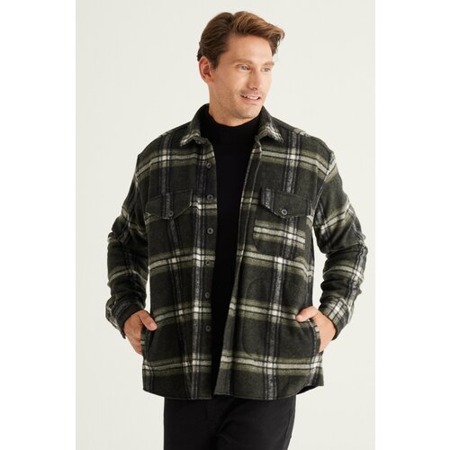 AC&Co / Altınyıldız Classics Men's Khaki-black Oversize Wide Cut Buttoned Collar Plaid Lumberjack Winter Shirt Jacket Cene