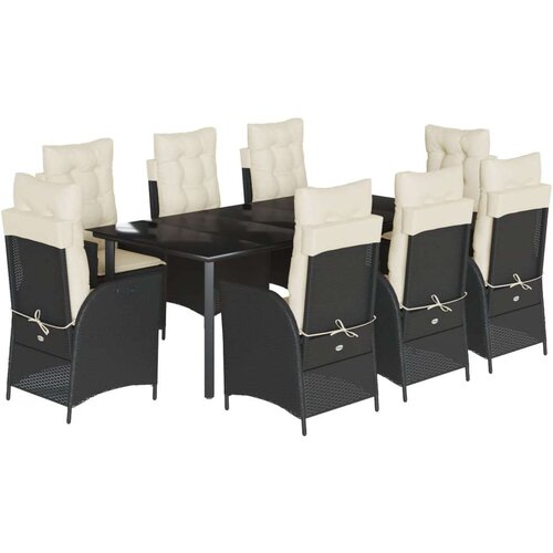 VidaXL Vrtna garnitura - 8-dijelni vrtni blagovaonski set s jastucima crni od poliratana Crna i krem 200 x 100 x 74 cm bez podignute no Slike
