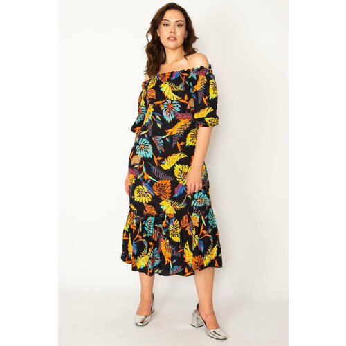 Şans Women's Plus Size Colored Carmen Collar Skirt Layered Woven Viscose Fabric Long Dress Cene