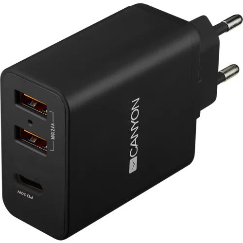 Canyon H-08 Universal 3xUSB AC charger (in wall) with over-voltage protection(1 USB-C with PD Quick Charger), Input 100V-240V, Output USB-A/5V-2.4A+USB-C/PD30W, with Smart IC, Black Glossy Color+orange plastic part of USB, 96.8*52.48*28.5mm, 0.092kg - CNE