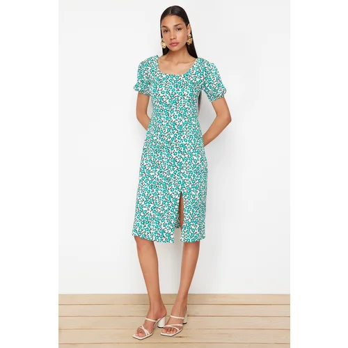 Trendyol Pistachio Green Printed Textured Gathered Square Neck Back Tie Detail Flexible Knitted Dress