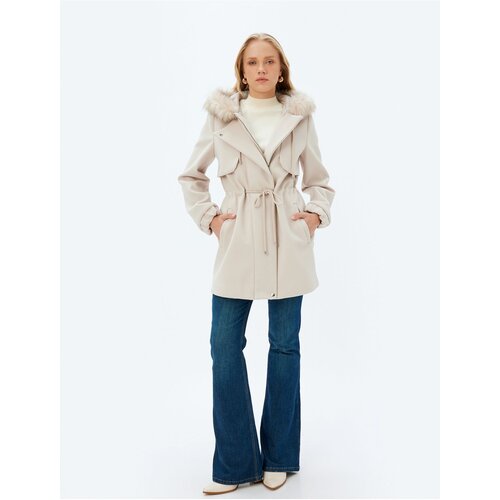 Koton Hooded Faux Für Collar Cashmere Coat with Tie Waist and Zippered Pockets Cene