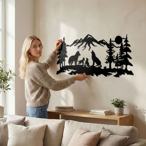 Wallxpert metalni zidni ukras 5314, vukovi u planinskom pejzažu sa šumom i mesecom, 100 x 44 cm, crni Cene