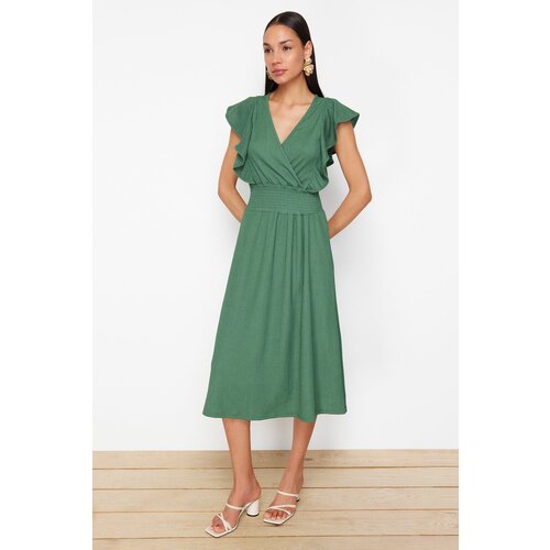 Trendyol green wrapped/textured skater/belden gippeli double breasted closure stretchy knitted midi dress Cene
