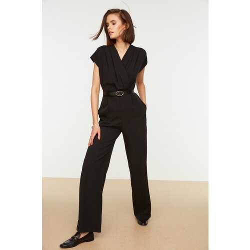 Trendyol Black Belted Double Breasted Collar Jumpsuit Cene
