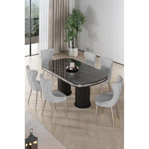 Hanah home trpezarijski set Galya, sto i 6 stolica, ploča u dekoru crnog mermera, hromirane noge, siva tkanina Babyface Cene